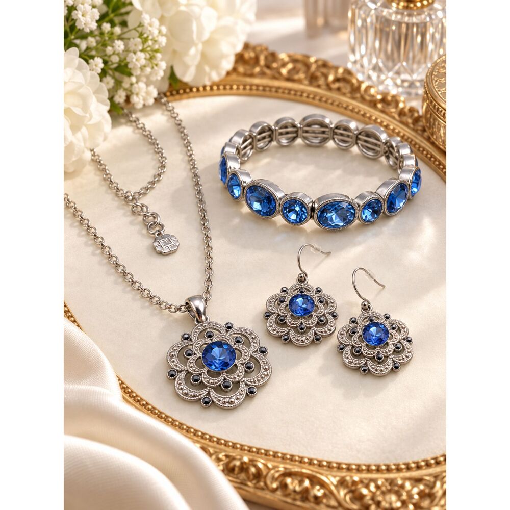 Monet Blue Crystal Jewelry Set Necklace Bracelet Earrings Quiet Luxury Feminine